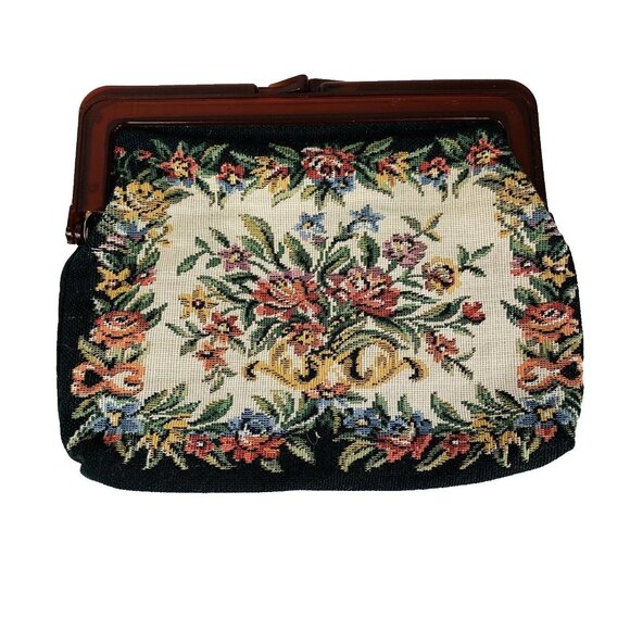 VTG 1950s Needlepoint Tapestry Clutch Floral Purse Tortoise Shell Frame Handbag - Picture 12 of 14
